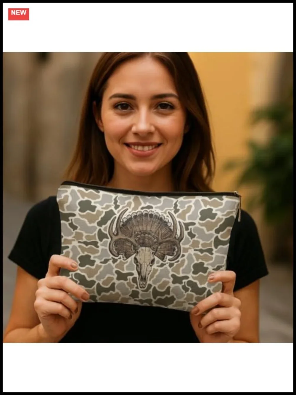 Vintage Deer Skull Camo Makeup Bag Waterproof Linen Toiletry Pouch Travel Case